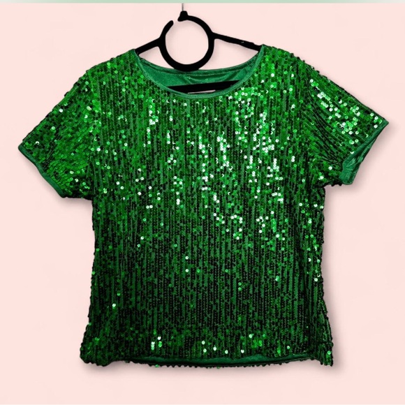 XL Green Sequin Sparkly Top Blouse Anna-Kaci Holiday Christmas Party Glam - Picture 2 of 9
